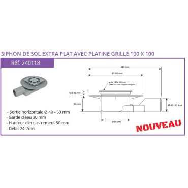 Siphon de sol PVC extra-plat avec grille patine - Qualité 2
