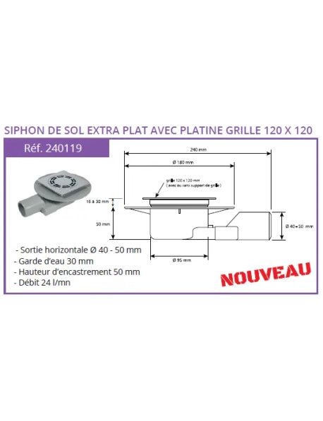 Siphon de sol PVC extra-plat avec grille patine - Qualité