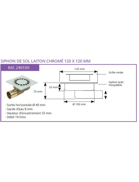 Siphon de sol laiton chromé Solusec 120x120 - Qualité