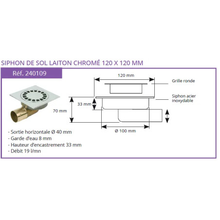 Siphon de sol laiton chromé Solusec 120x120 - Qualité