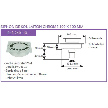 Siphon de sol laiton chromé Solusec 100x100 - Qualité 2